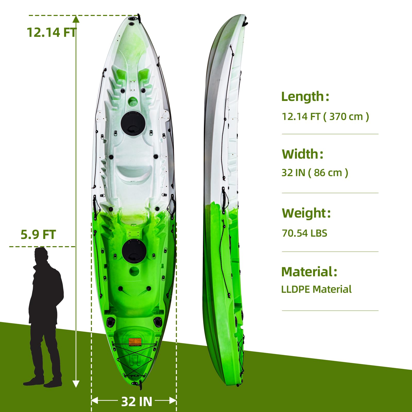 12 ft Hard Shell Sit on Top Ocean Fishing Kayak for Two to Three Adults