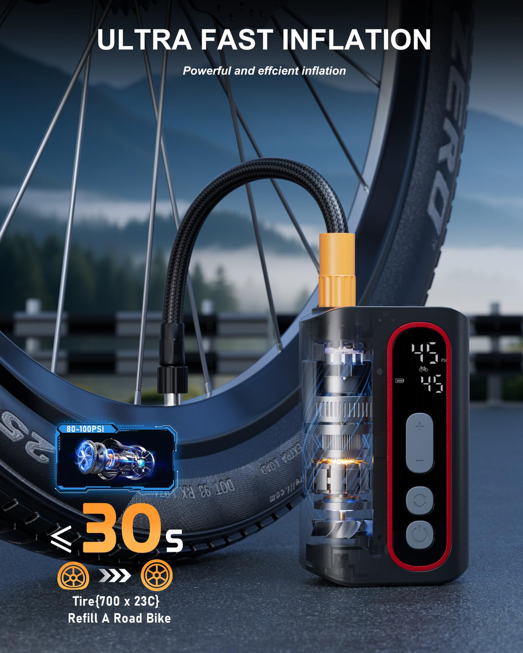 160 PSI Mini Electric Bike Pump with Gauge Auto Stop and Presta Valve