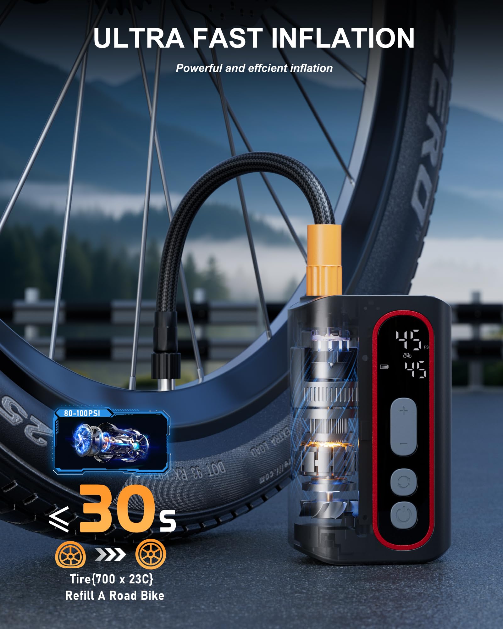 160 PSI Mini Electric Bike Pump with Gauge Auto Stop and Presta Valve