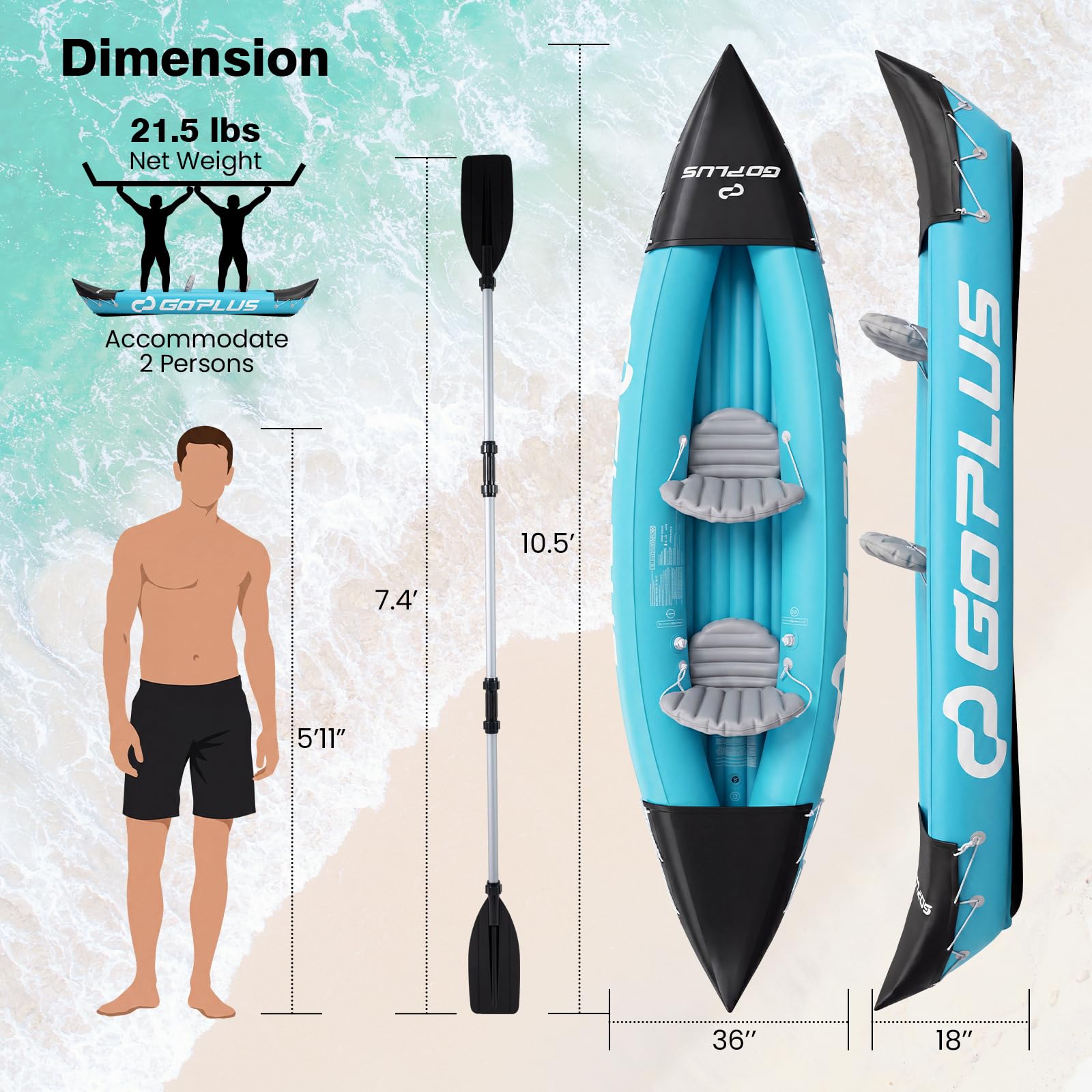 10.5 FT 2 Person Inflatable Tandem Touring Kayak with Paddles