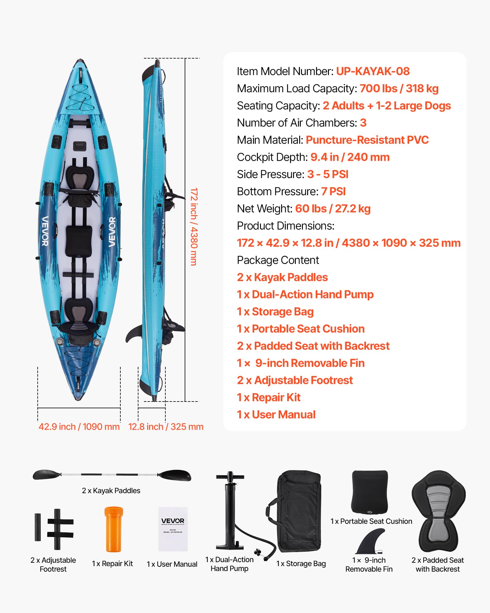Two Person 700 lb Capacity Inflatable Sit In Kayak for Fishing Touring