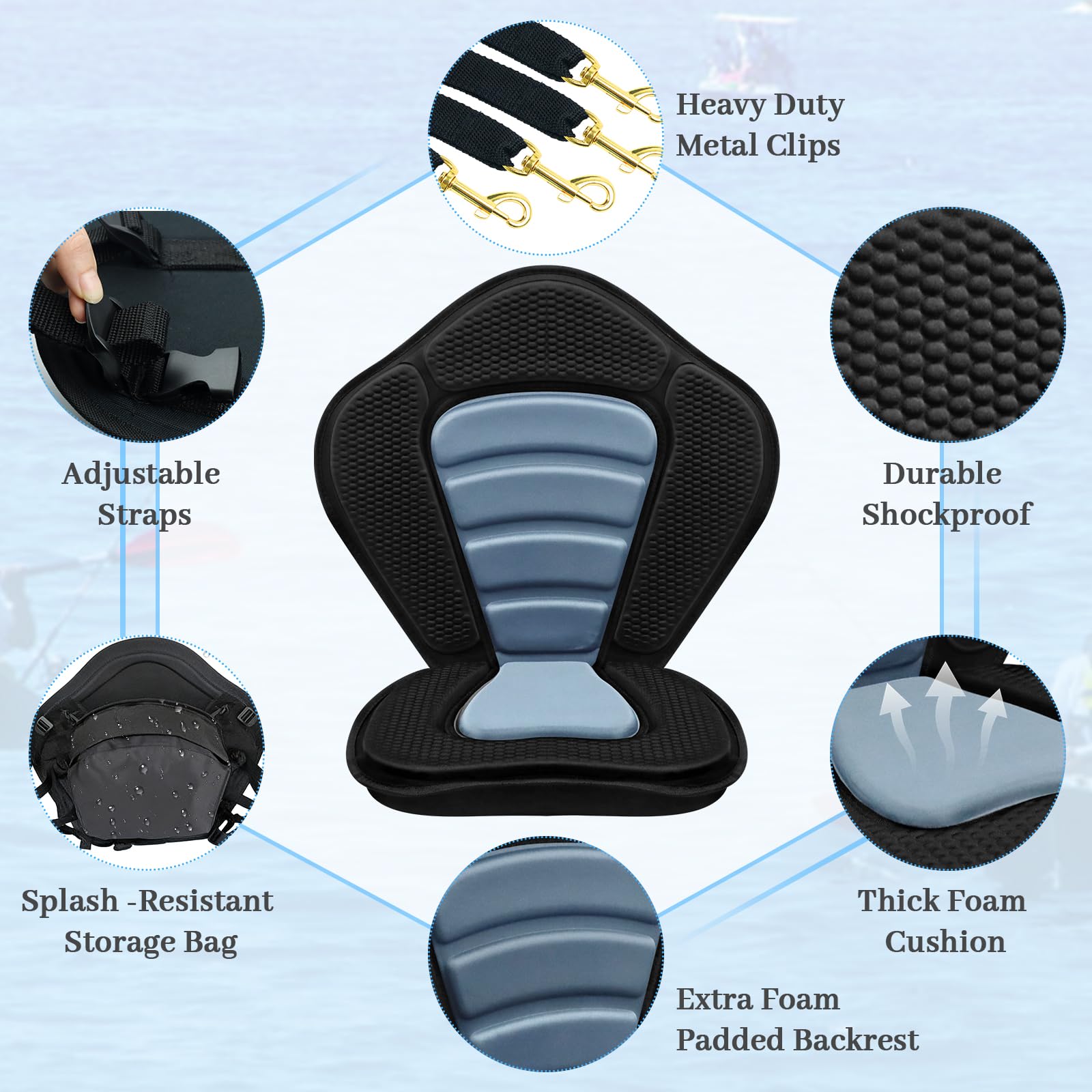 Deluxe Padded Kayak Seat with Backrest and Detachable Storage Bag
