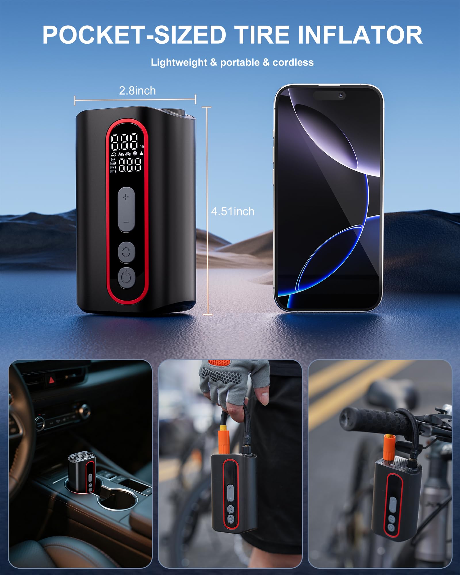 160 PSI Mini Electric Bike Pump with Gauge Auto Stop and Presta Valve