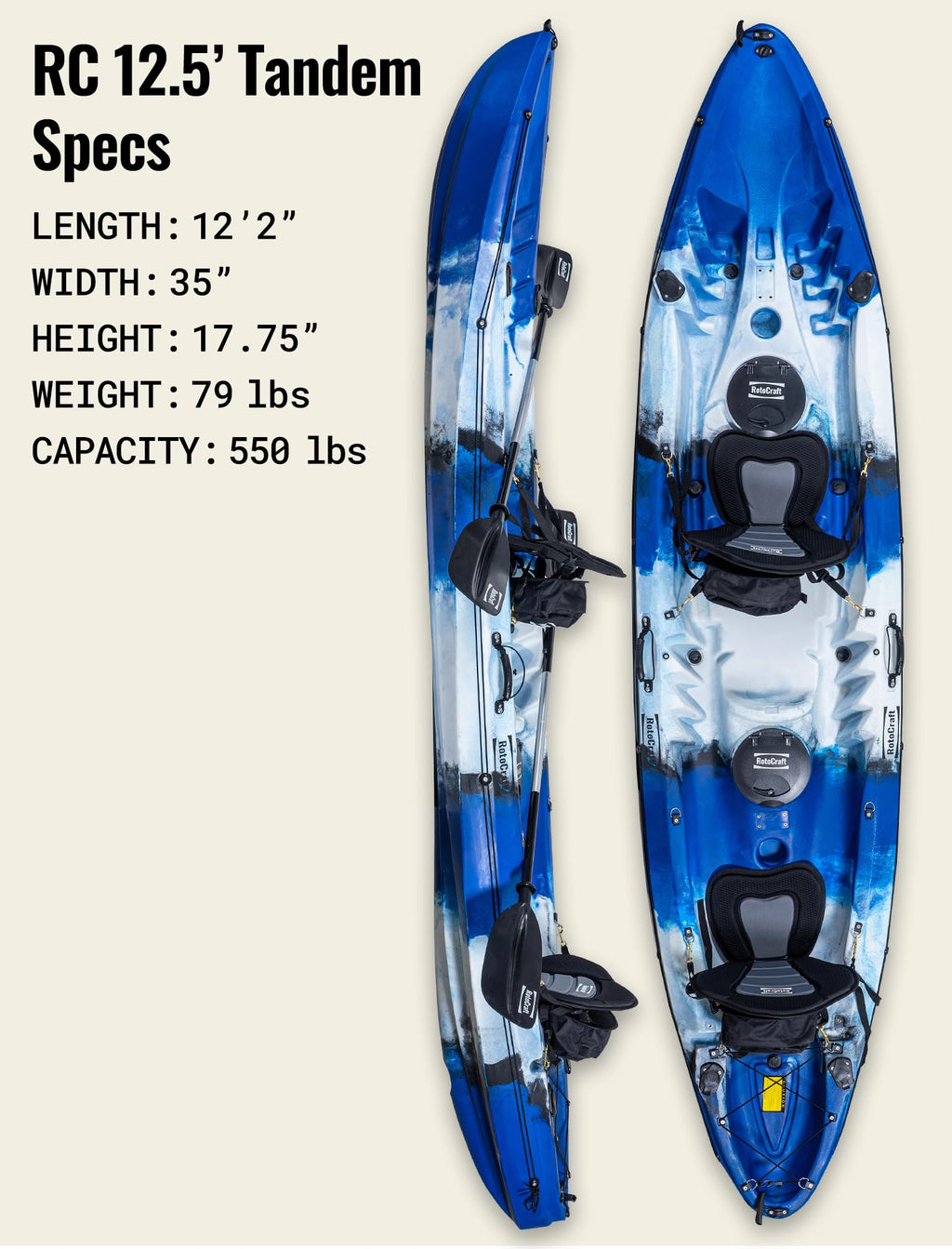 12 ft Tandem Fishing Recreational Kayak with Rod Holders 550 lb Capacity