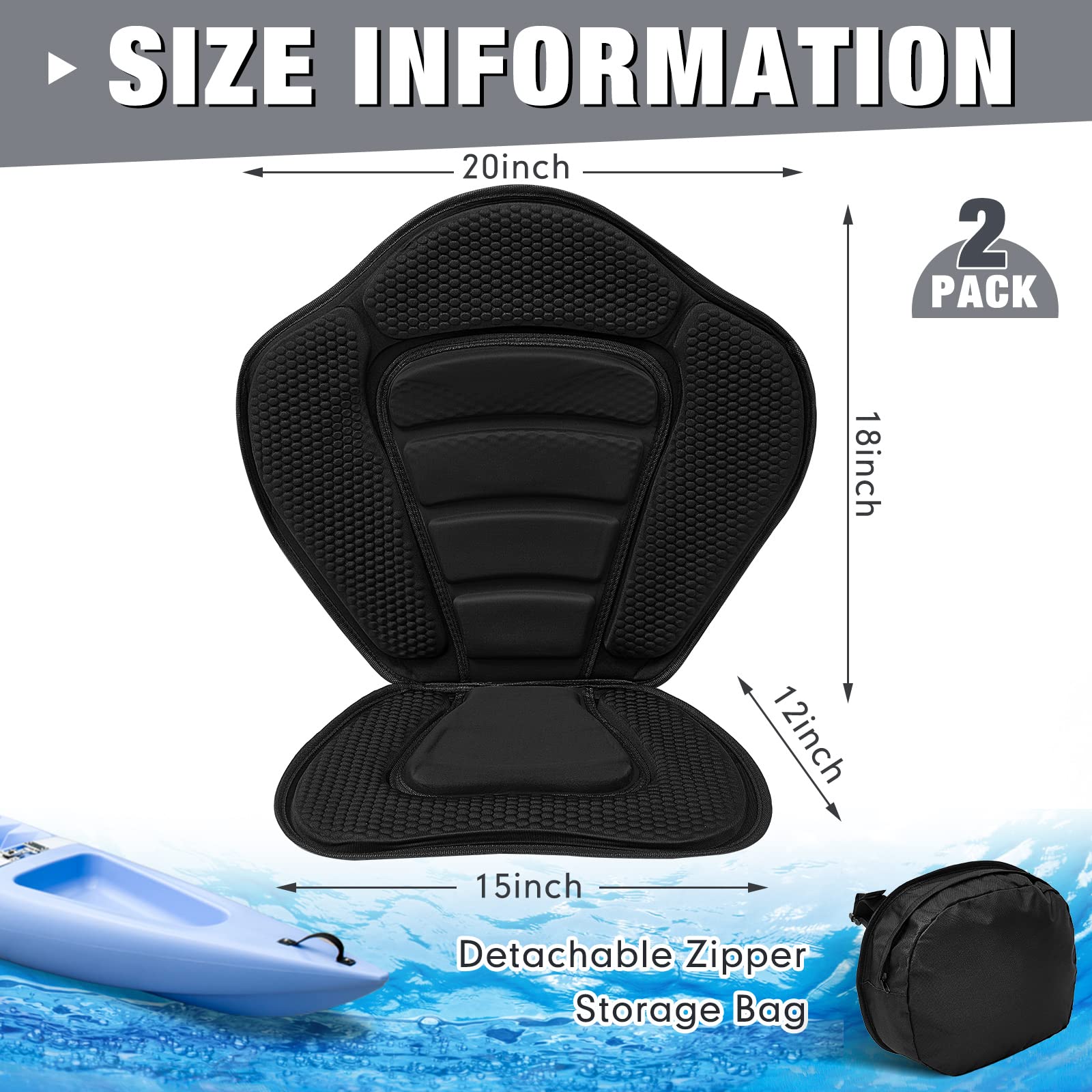 2 Pack Adjustable Padded Kayak Seats with Back Support and Storage Bags