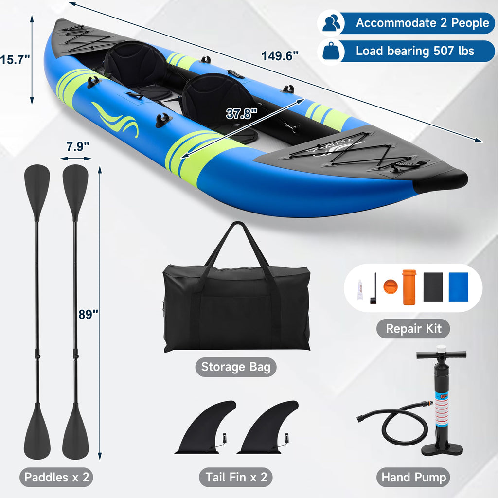 Portable 12 ft Two Person Inflatable Tandem Touring Kayak 507 lb Capacity