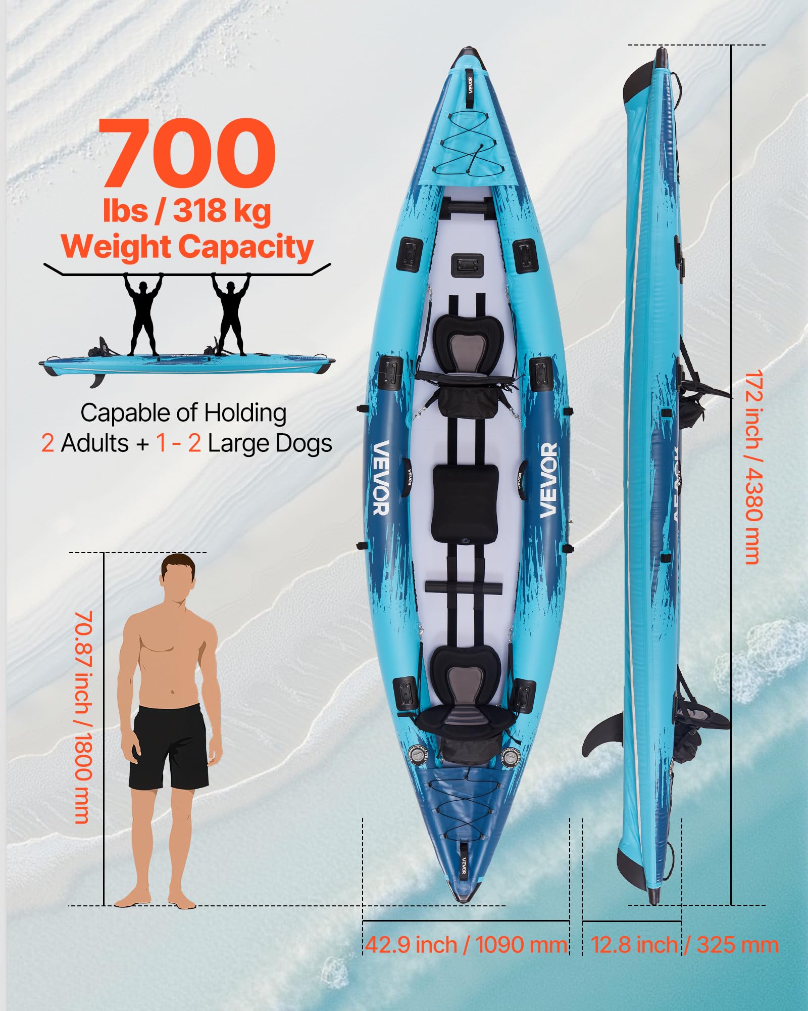 Two Person 700 lb Capacity Inflatable Sit In Kayak for Fishing Touring